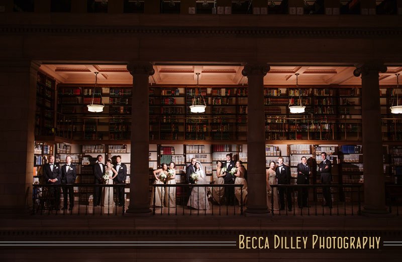 JJ Hill Library Wedding dramatic lighting with large wedding party
