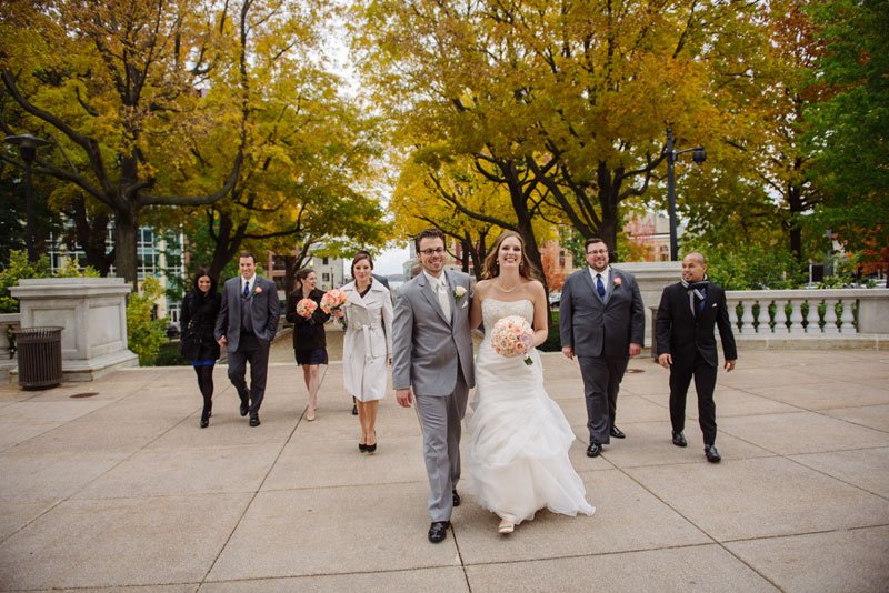 wedding party walks to madison capitol