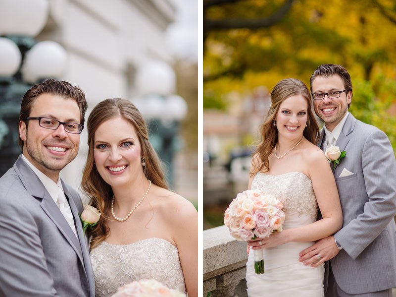 bride and groom in pink and grey at fall wedding