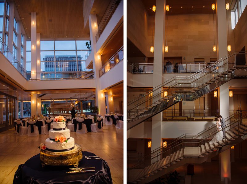 bride and groom with architecture of overture center