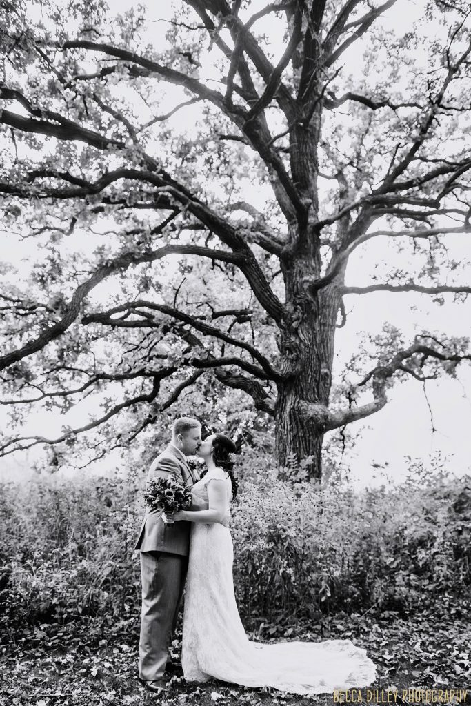 black and white photo of couple kissing under tall tree in prairie mn arboretum wedding